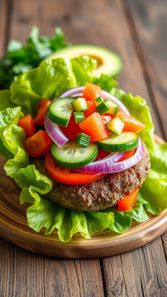 A lean hamburger wrapped in lettuce with fresh vegetables on a wooden table.